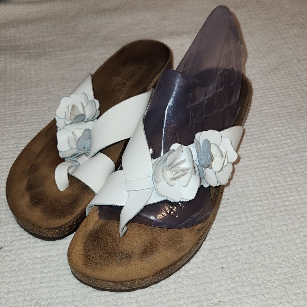 A.Giannetti comfort white leather cork wedge thong rosette sandals
